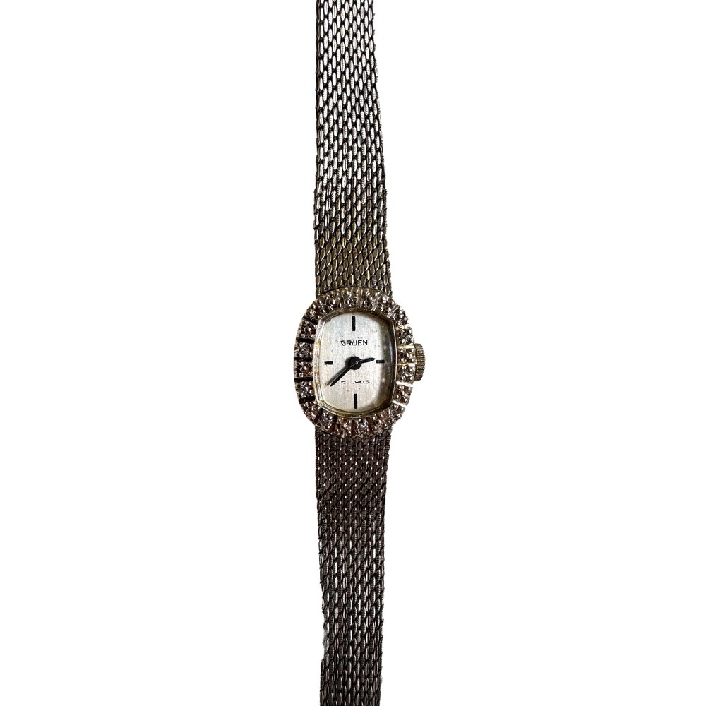 Gruen Cocktail Watch Womens Silver 14K White Gold Diamond Bezel 17 Jewel Vintage
